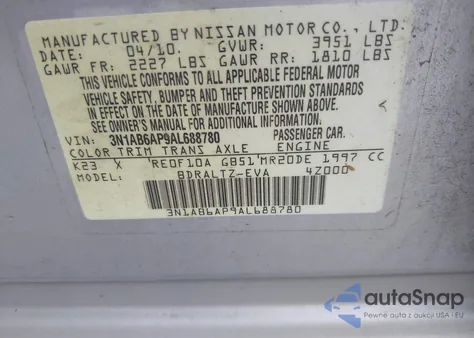 2010 Nissan Sentra 2.0S из США, поврежденный, VIN 3N1AB6AP9AL688780